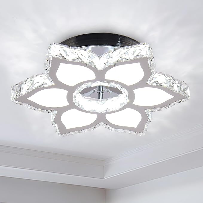 FRIXCHUR Crystal Chandelier Modern LED Flower Shape Chandeliers Ceiling Light Fixture Flush Mount Ceiling Lamp for Bedroom Living Room Dining Room Foyer(Cool White),13.4"