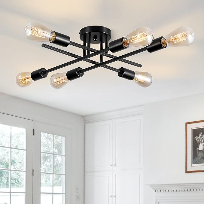 Sputnik Chandeliers, Modern Semi Flush Mount Ceiling Light with E26 Base, Mid Century Industrial Kitchen Farmhouse Light Fixtures for Bedroom Living Room (Black, Ceiling 6 Lights (Lengthen))