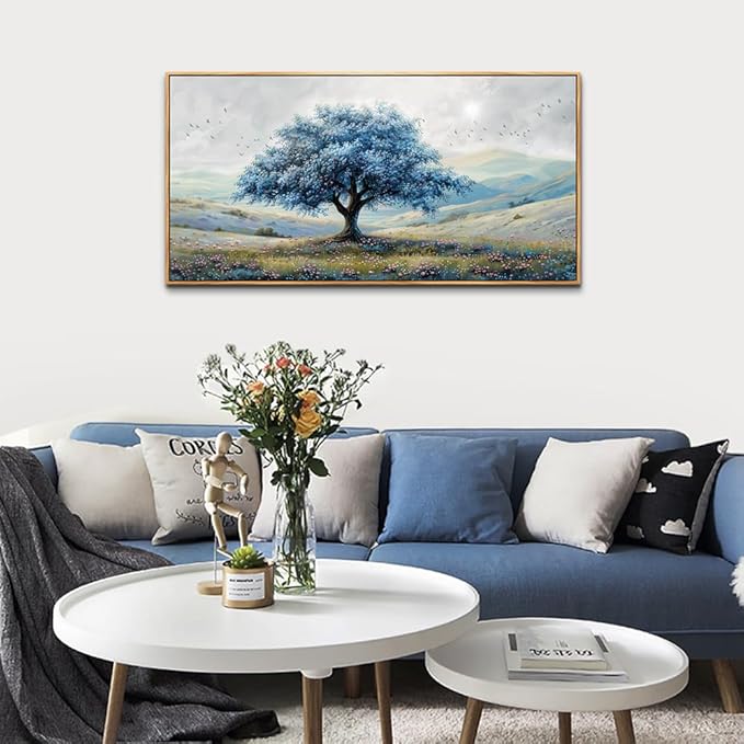 ZUITINGHUA Wood Framed Canvas Wall Art For Living Room Wall Decor For Bedroom Modern Office Wall Decoration Blue Tree Landscape Paintings Farmhouse Pictures Artwork Aesthetic Home Decor 20x40 In