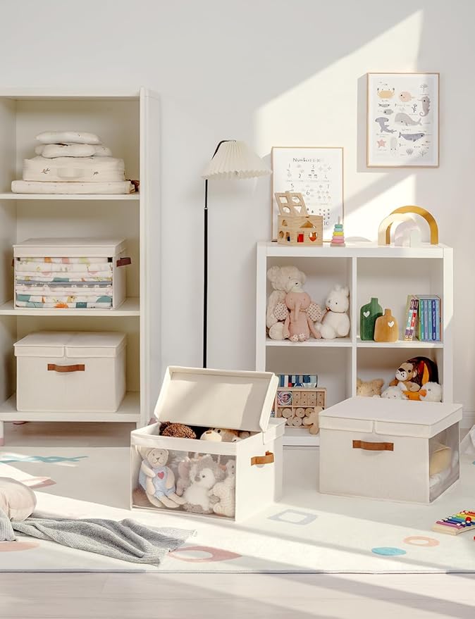 StorageWorks Storage Bins with Lid and Clear Window, Fabric Storage Boxes with Lids, Stackable Basket for Shelves, Closet Organizer and Storage Bins, Beige, Jumbo, 4-Pack