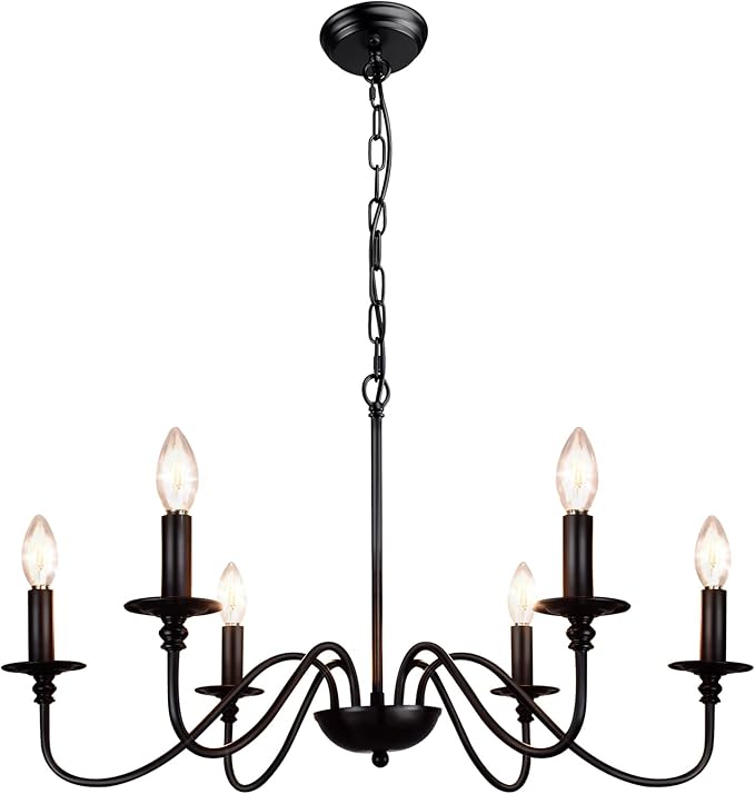 Depuley Farmhouse Chandelier for Dining Room: 6-Light Black Industrial Kitchen Island Pendant Light Fixture with 6 E12 Bulbs - Rustic Candle Chandeliers Vintage Modern Hanging Ceiling Lamp for Bedroom