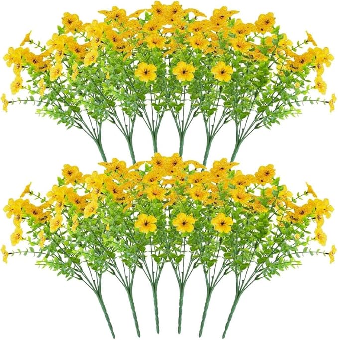 Artificial Faux Plants Flowers Outdoor Fall Seasonal Decoration, 12 Bundles Artificial Flowers Outdoor UV Resistant Fake Plastic Flowers Faux Plants for Planter Porch Patio Christmas Decor