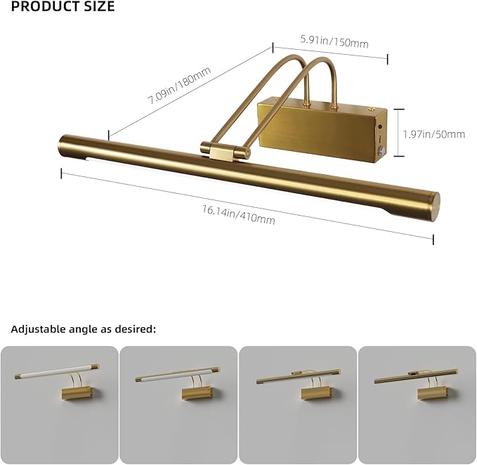 Picture Lights for Wall,16.14 inch Art Lighting for Paintings Wireless,5000mAh Gallery Lights for Rechargeable,3CCT Dimmable & Timer Cordless Frame Light for Paintings,Canvas,Portrait,Gold