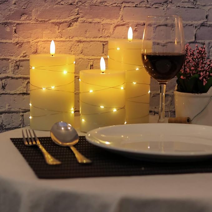 Eldnacele Flameless Candles Battery Operated with Remote and Timer, 3D Wick Flickering Embedded String Lights Real Wax LED Pillar Candles Christmas Holiday Dinner Decor Set of 3 (D3”x H4” 5” 6”)