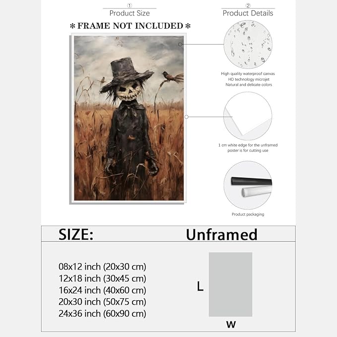 Vintage Fall Wall Art Cute Scarecrow in Field Posters Scarecrow Pictures Canvas Prints Autumn Cornfield Cottage Core Halloween Room Decor 12x18inch Unframed