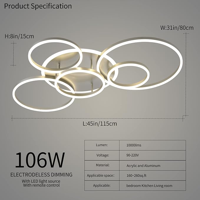 Modern LED Ceiling Light Gold Dimmable 5 Rings Flush Mount Ceiling Light Fixtures with Remote Control 106W 10000LM Ceiling Lighting for Living Room Bedroom Kitchen Dining Room 3000-6000K