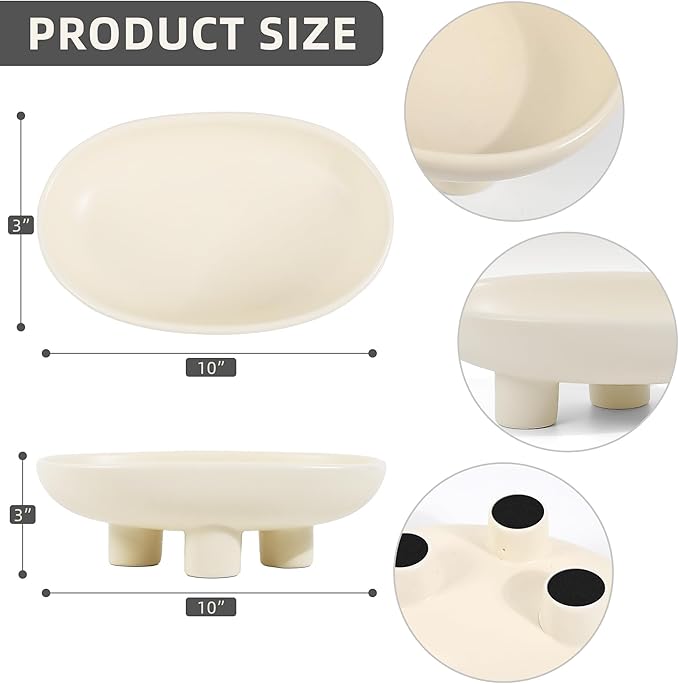 Fruit Bowl Three-Legs Ceramic Fruit Bowl for Kitchen Counter, 12 Inch Fruit Basket Decorative Candy Bowl for Table Décor, Oval Large Bowls Key Bowl Home Table Décor (Crème 12 Inch)