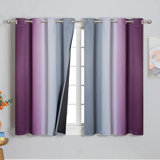 Purple and Grey Blackout Curtains 54 Inches Long,Ombre and Wavy Line Pattern 100% Blackout Curtains for Bedroom,Full Light Blocking Grommet Thermal Insulated Drapes for Kids Room, 52x54 Inch, 2 Panels