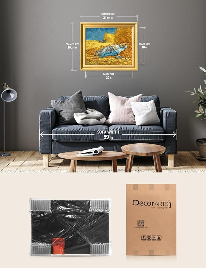 DECORARTS - Noon: Rest from Work by Vincent Van Gogh. Giclee Print on Acid-Free Canvas in Gold Solid Wood Frame. Picture Size: 20x16, Total Size: 24.75x20.75, Made in USA