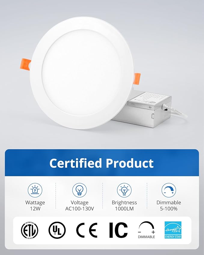 6 Inch LED Recessed Ceiling Light, 12W Dimmable Canless Wafer Downlight, Damp-Rated for Kitchen Living Room Basement Bathroom, Ultra Thin with Junction Box, 1000LM 7CCT 2700K-6500K, 20 Pack