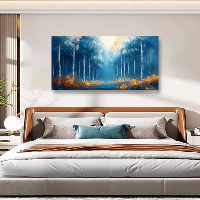 Blue Forest Pictures Canvas Wall Art for Living Room Bedroom Wall Decor,Forest Wall Art Print Paitnings for home Decor,Morden Abstract Fog Artwork Art Waterproof Stretched Ready to Hang-20x40inches