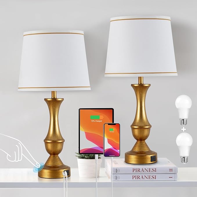Luvkczc Gold Touch Table Lamps Set of 2, 22" Bedside Lamps with USB C+A Ports, 3 Way Dimmable Nightstand Lamps with White Lampshade,Table Lamps for Bedroom Living Room Bedroom Office, Bulbs Included