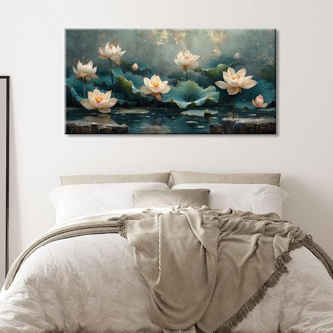 ZESTFLICKR Wall art of lotus pond, canvas decoration, used for religious yoga rooms and cicada-themed spaces, home and living room decoration, gifts, hand-painted works, masterpieces. (23x46inch)
