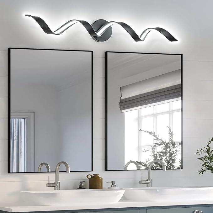 Dimmable Modern LED Bathroom Vanity Lights 32 inch, 20W Spiral Design Black Wall Light Fixtures for Bathroom, Living Room and Hallway, 6000K White Light