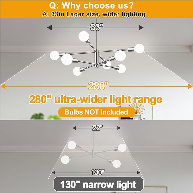 Sputnik Chandeliers Dining Room Light Fixture (8-Light, 30-Inch), Modern Nickel Chandelier, Height Adjustable Mid Century Modern Chandeliers for Dining Room Kitchen Island