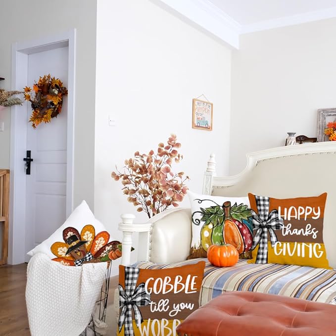 GEEORY Happy Thanksgiving Throw Pillow Covers 16x16 Inch Set of 4, Turkey Gobble Pumpkin Striped Fall Farmhouse Decorative Holiday Decoration for Home G568-16