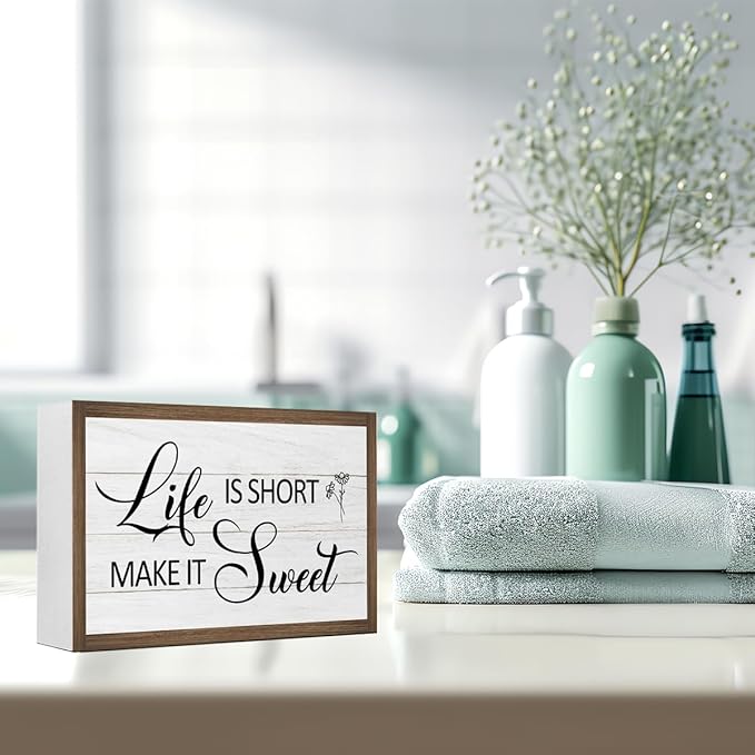 Life is Short Make It Sweet Inspirational Wooden Box Sign Decor,Rustic Motivational Saying Wooden Block Plaque Sign for Home Farmhouse Living Room Bedroom Shelf Desk Table Wall Decor