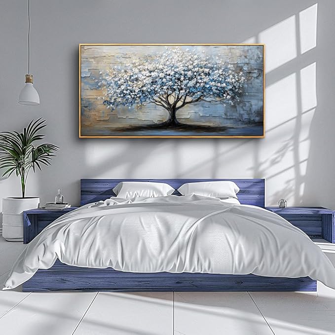 ERQINHUA Abstract Wall Art Living Room Large Wall Decor Wood Framed Art For Office Wall Pictures Blue Grey Tree Painting Canvas Printing Artwork Bedroom Restaurant Home Decoration Aesthetic 30"X60"