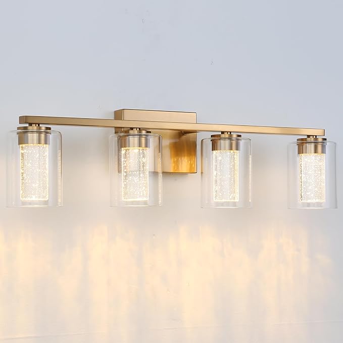 4-Light Gold Bathroom Vanity Light Fixture, Dimmable 5CCT Brushed Brass Bathroom Lights, 2700K-6500K Modern LED Wall Sconce Over Mirror with Clear Glass and Crystal Bubble