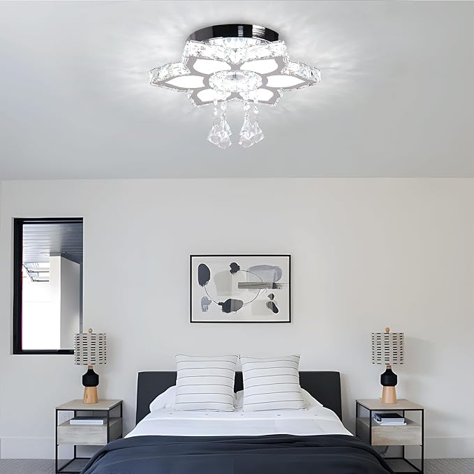 FRIXCHUR 13.4" Modern Crystal Chandelier LED Remote Control Dimmable Crystal Flower Shape Chandelier for Bedrooms Living Room Dining Room Lights