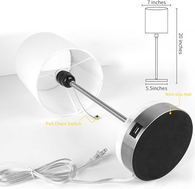 Marble Table Lamp, Bedside Lamps with Pull Chain for Bedroom, Lamp for Night Stands with USB Ports and Square Shade for Living Room Home Decor, Bulb Included