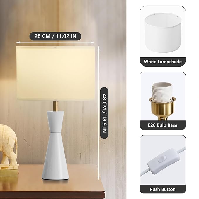 Nightstand Lamps Set of 2, 3-Color Dimmable White Bedside Lamp for Livingroom/Bedroom/Entryway and Other Rooms, Led Bulb Included