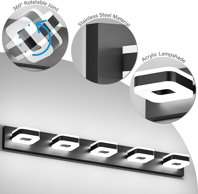 Tipace 5 Lights Black Bathroom Light Fixtures Modern LED Bathroom Vanity Lights Over Mirror 40.5 inch White Light 360°Rotatable