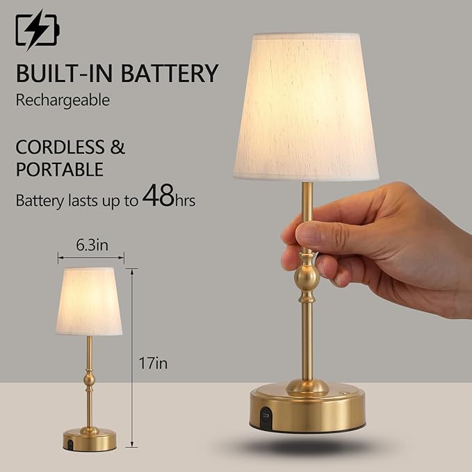 Cordless Rechargeable LED Table Lamp with Dimmer,Nightstand Lamp with USB Port,Antique Brass Portables Outdoor Lamp, Battery Operated Lamp for Patio Bedroom Bedside Balcony Camping Bar RV