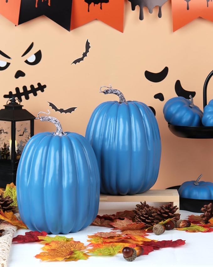 vensovo 2PCS 8 Inch Blue Plastic Pumpkins for Decorating – Large Artificial Foam Pumpkins for Fall Decor, Halloween, Thanksgiving, Paintable for DIY Crafts & Centerpieces