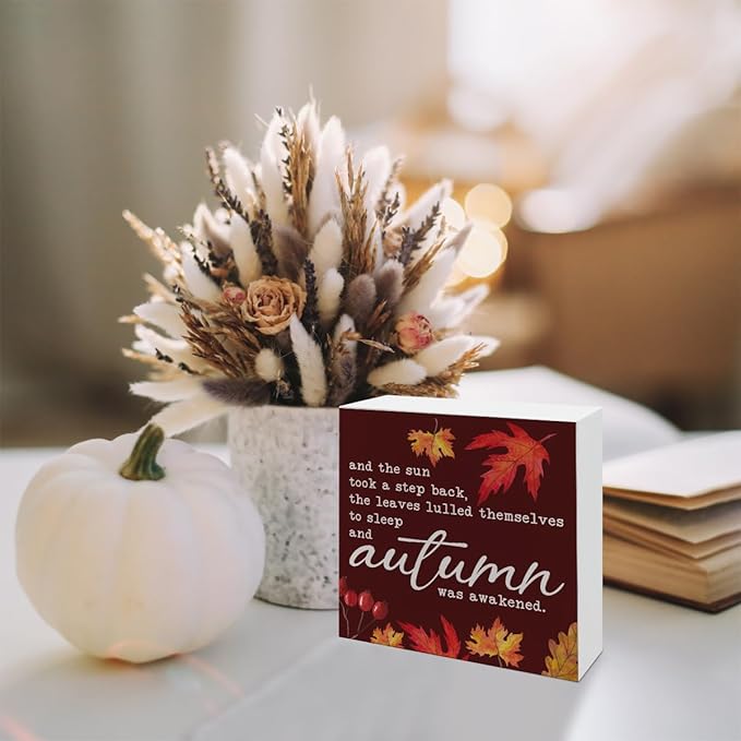 Maple Leaves Decors, Autumn Artwork for Home Shelves Decor, Office Decoration, Thanksgiving Wooden Box Signs, Maple Leaves Decor, Autumn was Awakened Wood Signs A18