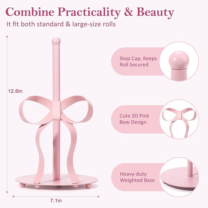 Pink Bow Paper Towel Holder Coutertop - Bow Accent Paper Towel Holder, Pink Kitchen Decor and Accessories, Coquette Room Decor Girly Gifts for Women, 3D Handmade Pattern, Weighted Base