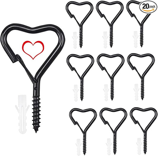Lamp Wire Hook,Heart-Shaped Screw-in Wall Hooks for Outdoor Decor, Champagne Metal, Key Hook,Decorative Plant Hanging,Clothes Hook (Black, 10Pcs)