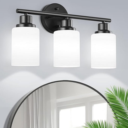 3-Light Bathroom Light Fixtures, Vanity Lights for Mirror with Milky White Frosted Striped Glass Shade, Modern Kitchen Light Fixtures Wall Sconce Light - E26 Base - Matte Black