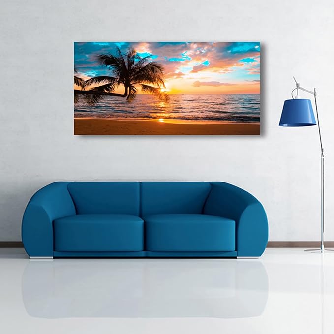 Sunset Beach Picture Canvas Wall Art Print for Living Room and Bedroom Wall Decor,Seascape Palm Landscape Print Paitnings for home Decor,Morden Artwork Sunset Canvas Art Waterproof Stretched Ready to