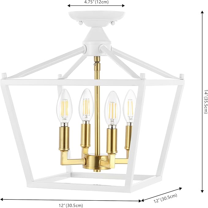 JONATHAN Y JYL7610F Plains Mini Lantern 12" 4-Light Iron Modern Farmhouse LED Flush Mount, Office, Living Room, Family Room, Dining Room, Bedroom, Hallway, Foyer, White/Brass Gold