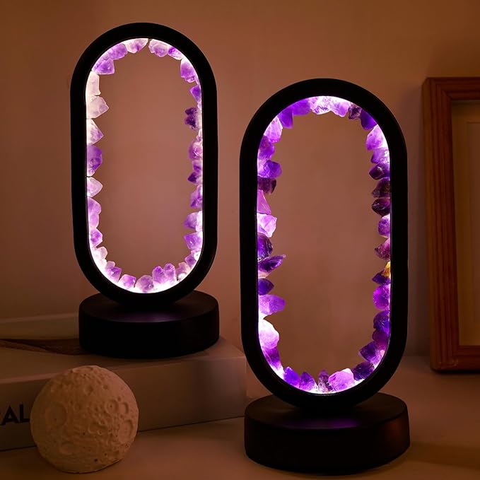 Runyangshi Crystal Lamp Amethyst Raw Stone Ellipse Night Lamp Natural Healing Crystal Night Light Table Lamp Base USB Port 3 Colours Mode for Bedroom Bedside Lamp Office Home Decor Gift