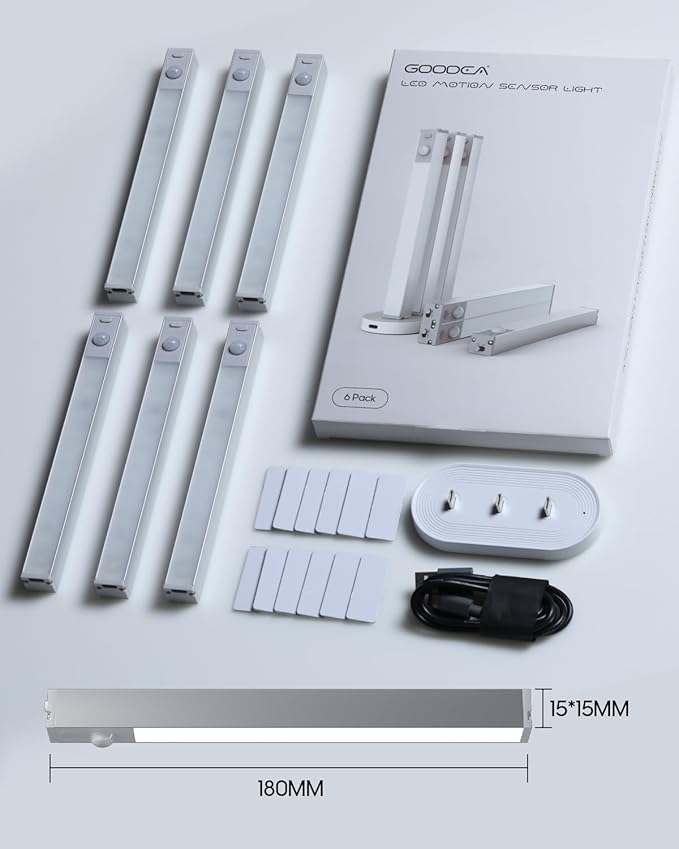 6 Pack Led Under Cabinet Lights Wireless with Charging Station, 7’’ Rechargeable Motion Sensor Light Indoor, Dimmable Closet Lights for Cabinets, Bookshelf, Stair, Hallway Warm White