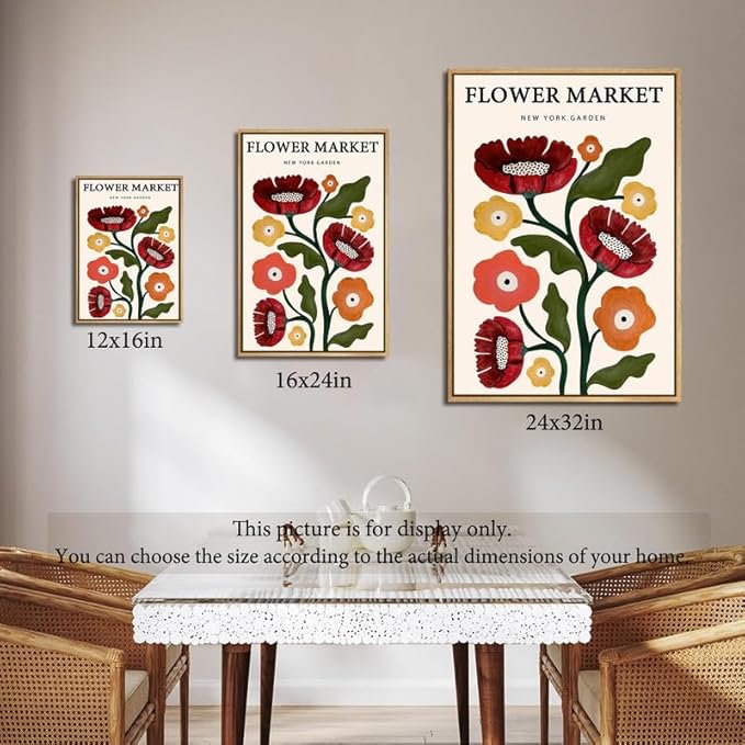 Gufro Boho Flower Market Framed Canvas Wall Art,Red Aesthetic Abstract Canvas Floral Wall Art for Bathroom,Living Room-24x32in