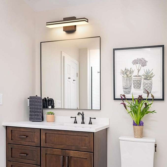 SineRise LED Modern Bathroom Vanity Light Fixtures (16-Inch, 3000K/4000K/6000K, Dimmable), Brown Wood Painted Modern Acrylic Bathroom Wall Lighting Fixtures Over Mirror
