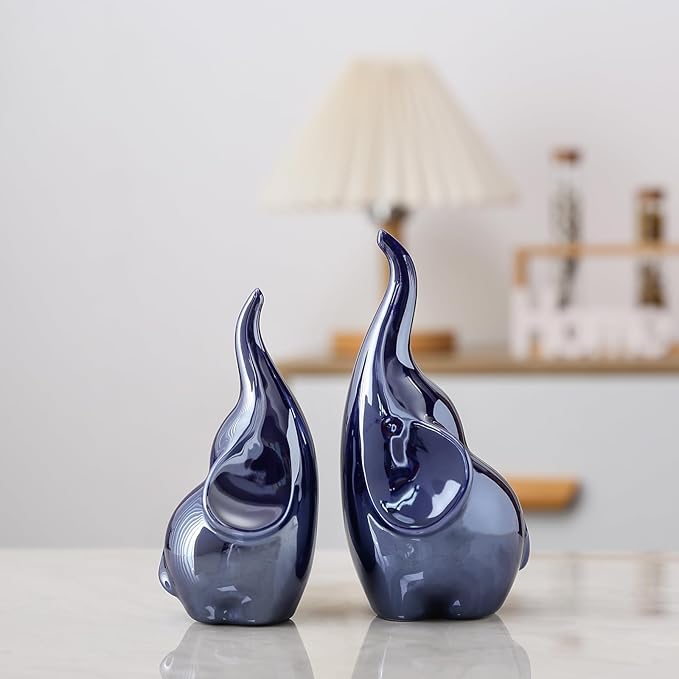 Ceramic Elephant Figurines with Trunk Up, Pair Couples Loving Elephant Statue, Small Figurines Sculpture African Home Decor, Valentine Elephants Gifts for Women, Wedding Knick Knacks(Blue)