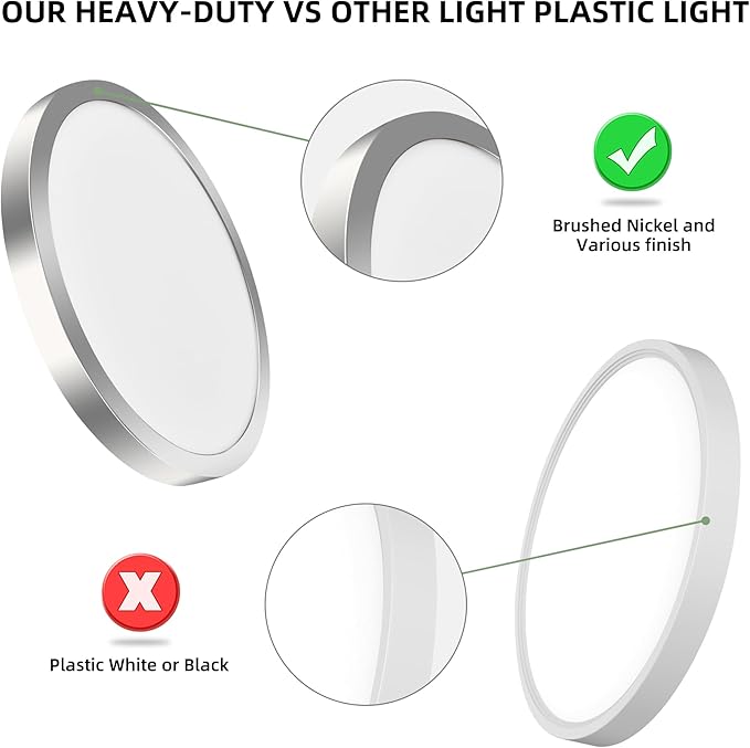 hykolity 2 Pack 12 Inch Selectable CCT LED Round Flat Panel Light, 24W 3000K/4000K/5000K, Edge-Lit Flush Mount Ceiling Light Fixture for Kitchen, Bedroom, Laundry and Closet Room,Brush Nickel