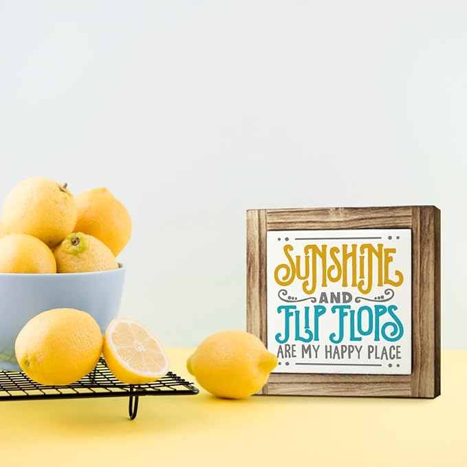 Summer Wood Signs, Farmhouse Wooden Box Desk Sign Decor, Summer Vacation Decors, Beach Decorations for Home, Beach House Decor, Sunshine and Flip Flops are My Happy Place Sign 5.9×5.9inches