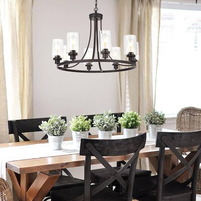 MELUCEE 8 Lights Large Farmhouse Chandelier Wagon Wheel, Industrial Island Lights for Kitchen Dining Room Lighting Fixtures Hanging Oil Rubbed Bronze Finish