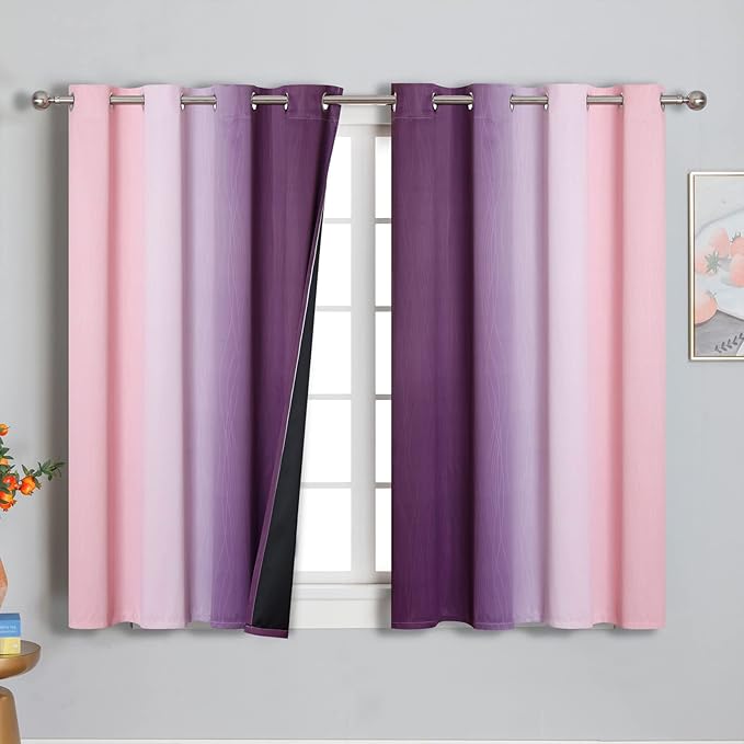 Pink and Purple Curtains 45 Inch Length 2 panels, Full Light Blocking Ombre Blackout Curtains for Kids Room, Thermal Insulated Noise Reducing Gradient Blackout Curtains for Girls Bedroom, 52x45 Inch