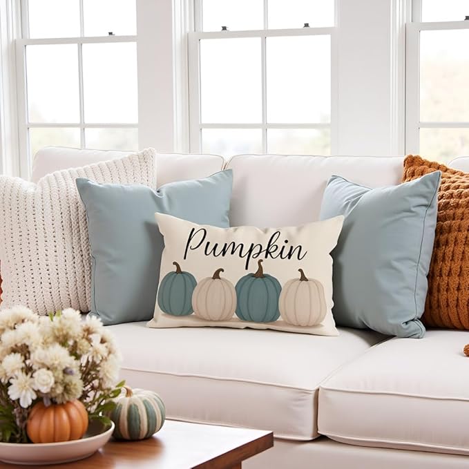 PANDICORN Fall Throw Pillow Covers 12x20, Dusty Blue Pumpkin Decorations for Home Decor, Outdoor Thanksgiving Autumn Lumbar Decorative Cushion Case for Living Room Bedroom Sofa Couch Porch