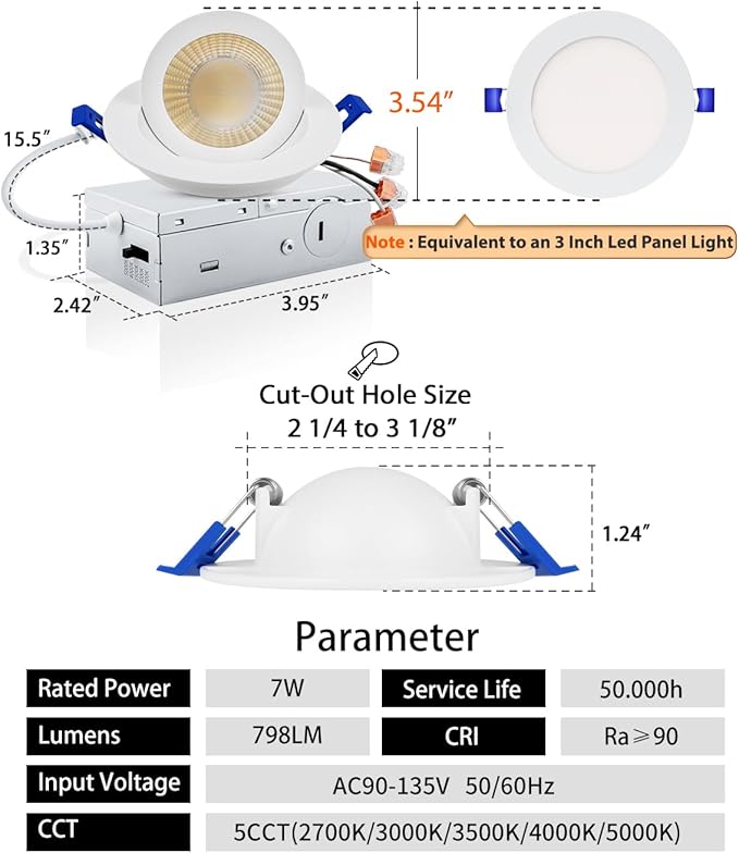 Adetu 3 Inch 5CCT Gimbal Led Recessed Lighting with Junction Box, 2700K/3000K/3500K/4000K/5000K Selectable, 7W Eqv 80W, 360°+90° Adjustable Recessed Lights, 798LM Brightness - ETL (White, 1 Pack)