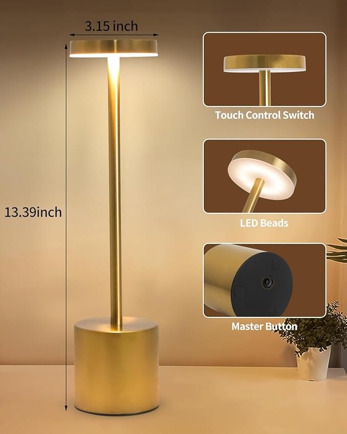 2 Pack LED Cordless Table Lamp, Portable 5000mAh Rechargeable Bedside Lamp, Touch Control Outdoor Table Lamps, 3 Color Dimmable Battery Operated Lamps for Restaurant/ Patio/ Bedroom/ Outdoor - Gold