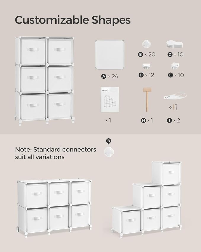 SONGMICS Cube Storage Organizer with Storage Boxes, 6-Cube Organizer, 6 Collapsible Non-Woven Fabric Bins, Customizable, Space-Saving, Bedroom, Living Room, Cloud White ULPC062W06