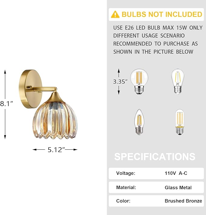 2 Pack 1 Light Vintage Wall Sconces Tulip Amber Glass Lampshade Hradwired Modern Gold Wall Lighting Fixture for Bedside Bedroom Doorway