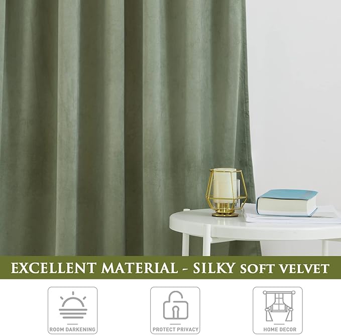 StangH Velvet Curtains 108 inches for Living Room, Sage Green Room Darkening Window Drapes for Nursery Kids, Heavy Thick Curtain Panels for Backdrops, W52 x L108, 2 Panels